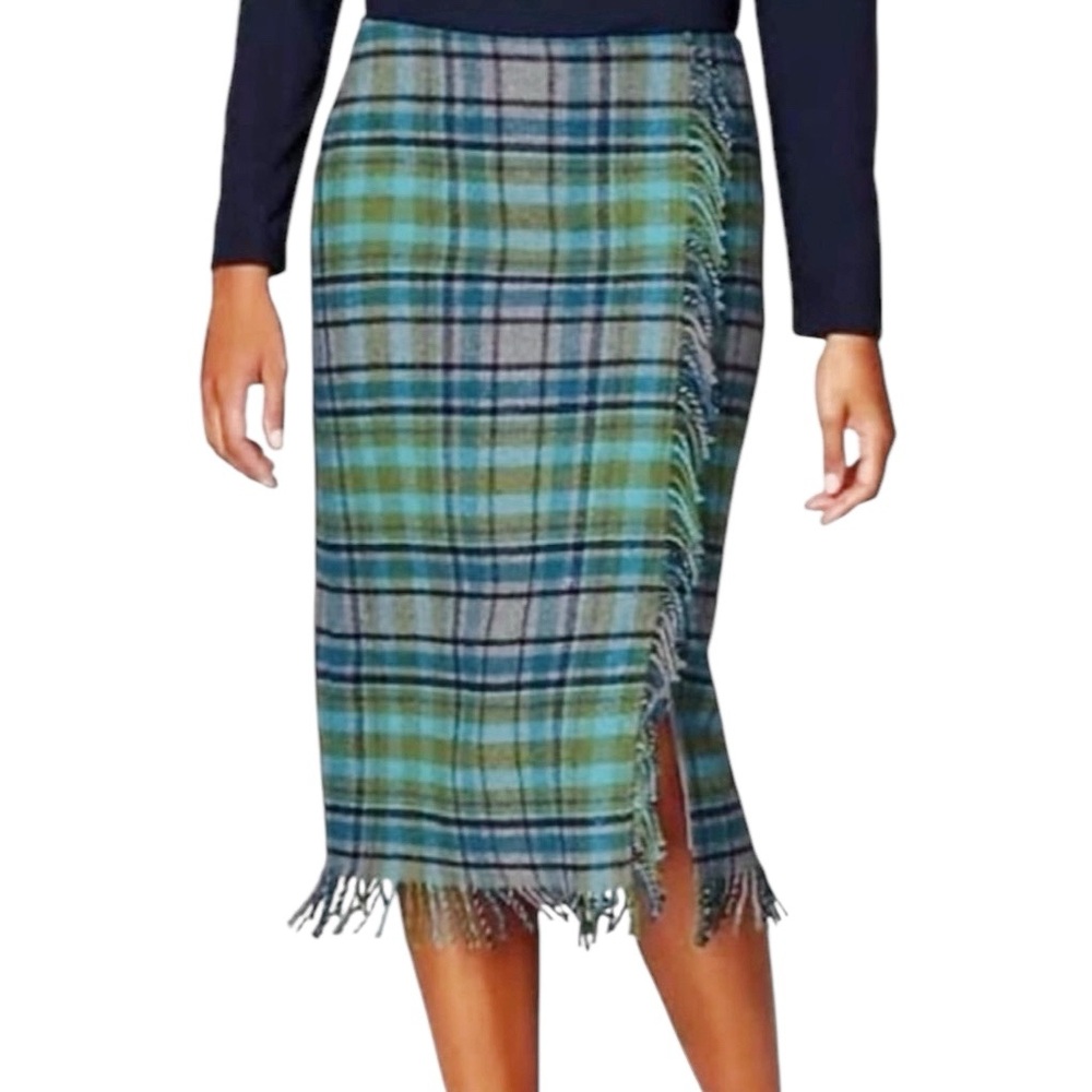 J. Jill Size 6 Wool Blend Plaid Fringe Faux Wrap Multicolor Blanket Skirt